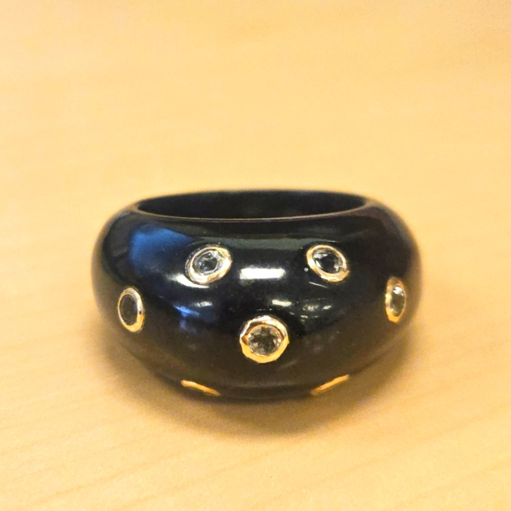 Vintage Black Ring with Gold Accents and Clear Stones